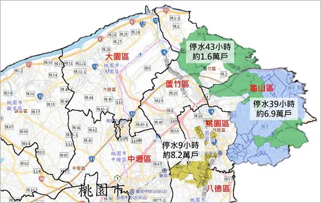 北桃园16.7万户612停水最长43小时，台水公司规画34处取水点。(经发局提供／蔡依珍桃园传真)