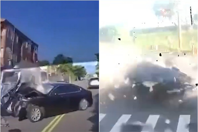 惊悚画面曝光！宜兰3车追撞酿3死，车体「高速衝撞」炸成碎片。(翻摄画面)