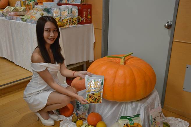 淡水栗子南瓜年产量可达20万公斤，平均甜度达12度以上，最高甚至可达18度，农会今年也推出新款南瓜加工品健康脆片「南瓜派对－蔬果脆片」。（蔡雯如摄）