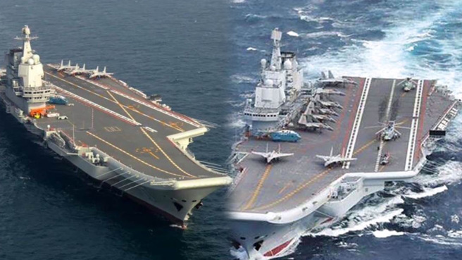 中国航母辽寧号（右）、山东号（左）陆续投入服役，陆媒称解放军最好要有８艘航母。（合成图，来源／中新社、中国军网）