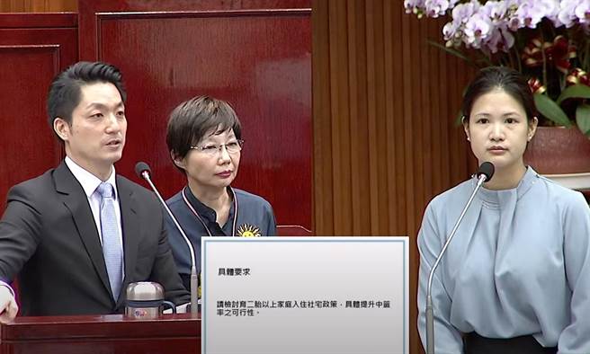针对台北市议员林亮君（右）质疑生2胎小家庭入住社宅机率低，台北市长蒋万安6日表示，会朝降低在地里民户数，盘点户数房型并增加释出户，藉此提高小家庭入住机会。（摘自北市议会直播系统）