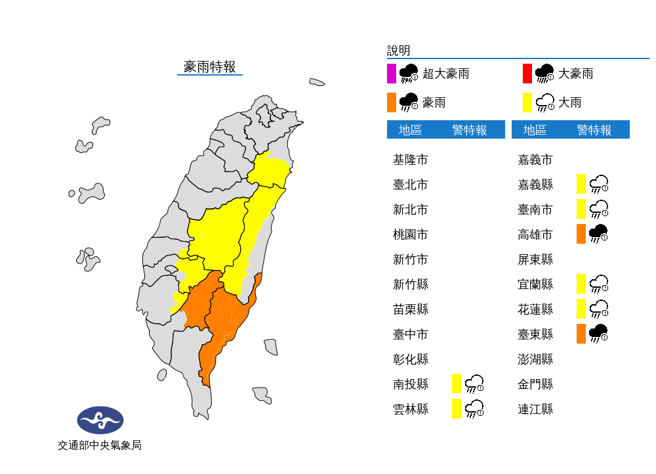 气象局6日晚间发布8县市豪大雨特报，高雄、台东的降雨尤其猛烈。（图／气象局）