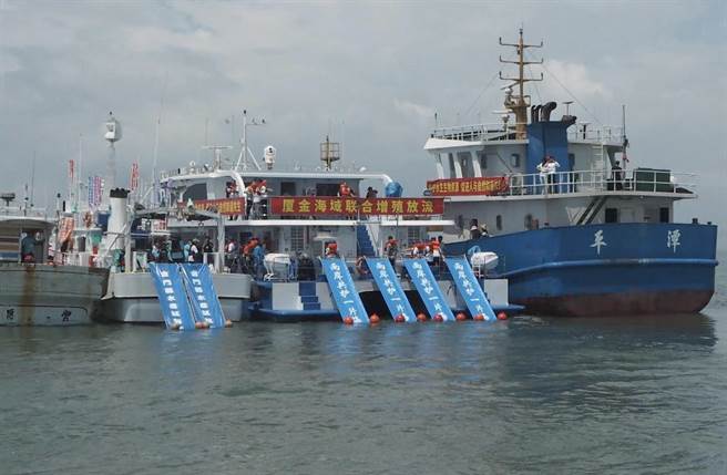 金门水试所与厦门海洋发展局今日相约于金厦海域211航标处，联合举办放流鱼苗活动。(图／金门县水试所提供)