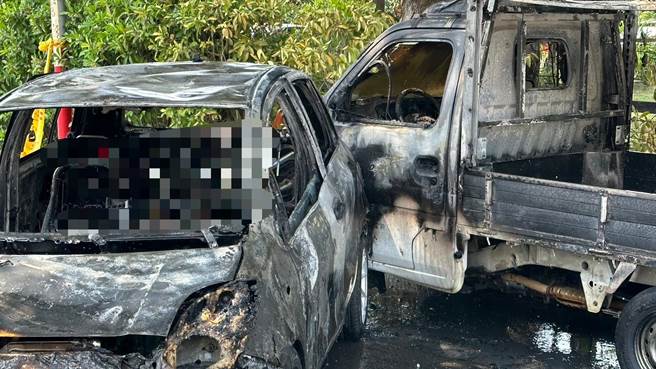 洪姓男子疑与草屯镇史馆路一家工厂员工有债务纠纷，开车高速衝撞工厂，又高速倒车时撞上停放路旁小货车，陷入火海遭烧成焦尸。（民眾提供／杨静茹南投传真）