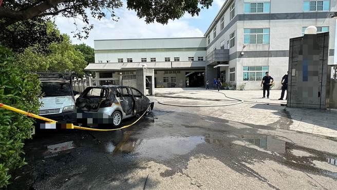 洪姓男子疑与工厂员工有债务纠纷，日前曾持剪刀伤工厂员工，这次又开车撞工厂，自己葬身火窟，两事件是否有关联？检警调查中。（民眾提供／杨静茹南投传真）