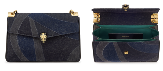 BVLGARI SERPENTI FOREVER蓝宝石色拼接丹寧布肩背包，12万9900元。（BVLGARI提供）