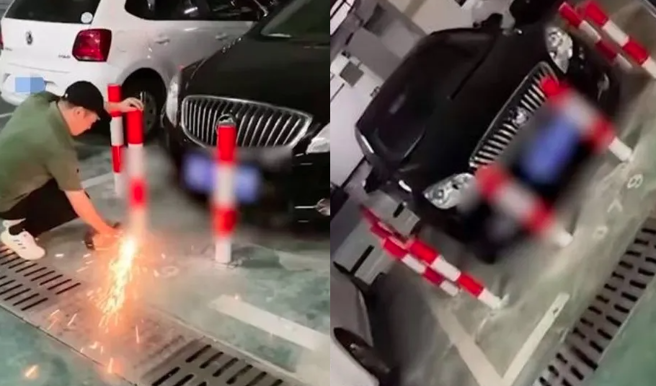 大陆浙江一名男子发现自己的车位被别人霸占，多次请对方移车却被拒绝，报警也无效，最后拿出铁柱围车。(翻摄自微博)