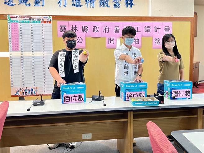 云林县府劳动暨青年事务发展处日前于网路直播大专生暑期工读抽籤过程，２名帅哥工作人员在背心贴着「优质帅哥、快来带走」、「我的未来，就等妳来」字条替自己打广告，也降低抽籤紧张气氛。（云林县府劳青处提供）