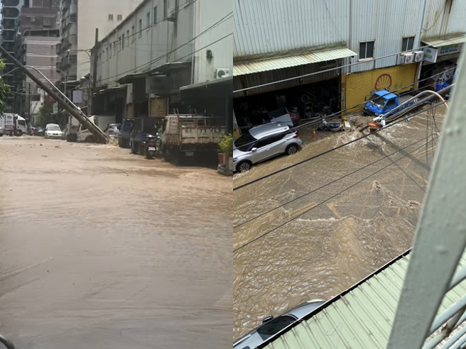 新北市新庄区琼林路今天上午11时许，发生电线杆倒塌意外，起因为该处地下水管破裂所导致，造成现场路面隆起、淹水。（翻摄自脸书爆料公社）