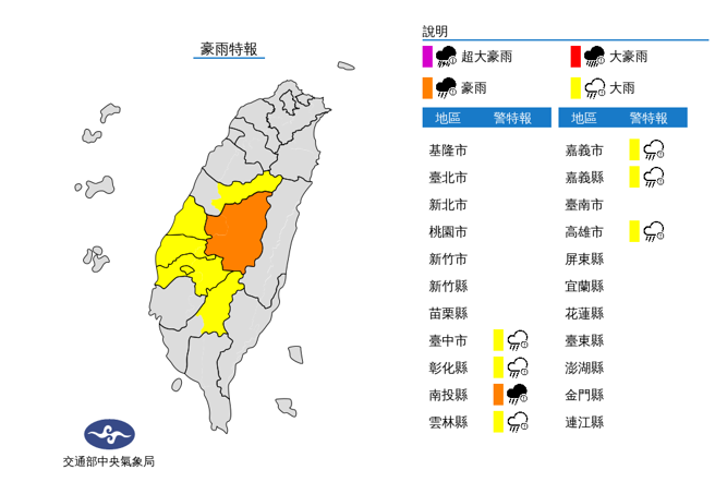 气象局发布7县市豪大雨特报。(翻摄自气象局)