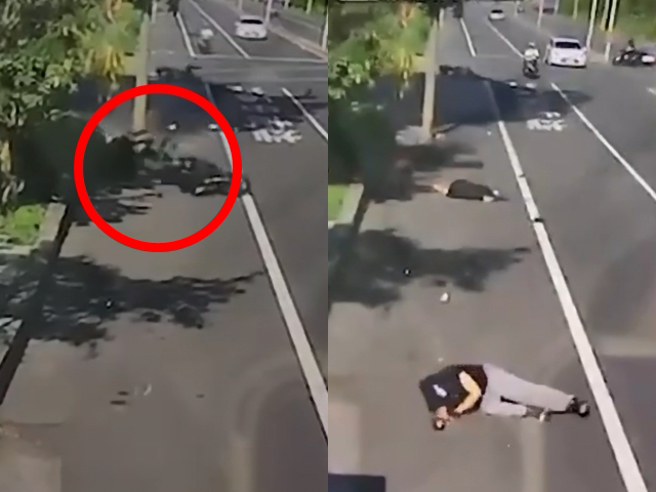 一名骑士在路口准备迴转时，遭一辆急驶的机车撞上，2人又波及在旁的机车，3车撞成一团，还衝线电线杆遭重击，惊悚监视器画面曝光。（翻摄自记者爆料网）