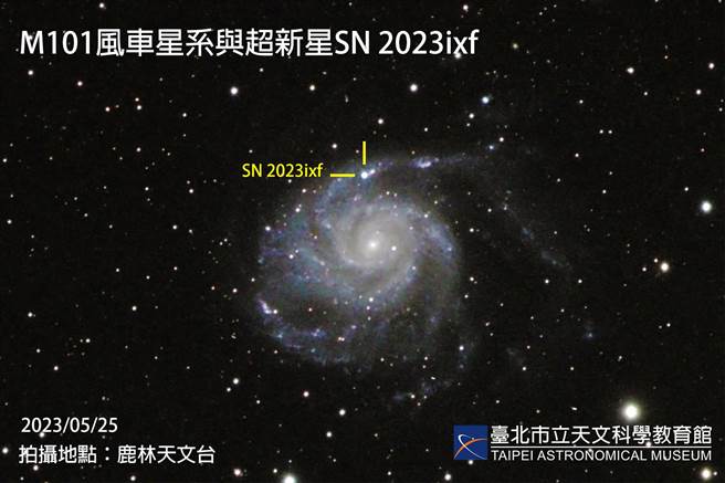 日本业余天文学家板垣公上月在俗称风车星系M101星系中发现1颗超新星。（台北市立天文馆提供）