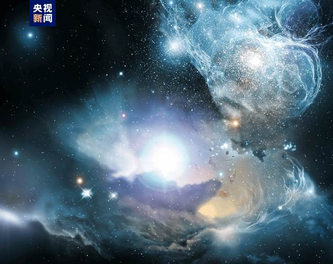 大陆科研人员发现宇宙中最古老恒星遗迹。图为第一代恒星遗迹孕育第二代恒星。（大陆央视）
