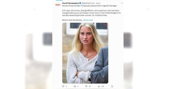 英国一名19岁少女在交友软体上认识一名年轻男子，之后2人坠入爱河，发生过多次性关系，没想到后来少女竟发现对方也是女生，一气之下将对方告上法院。（图／翻摄自Twitter／@MobilePunch）