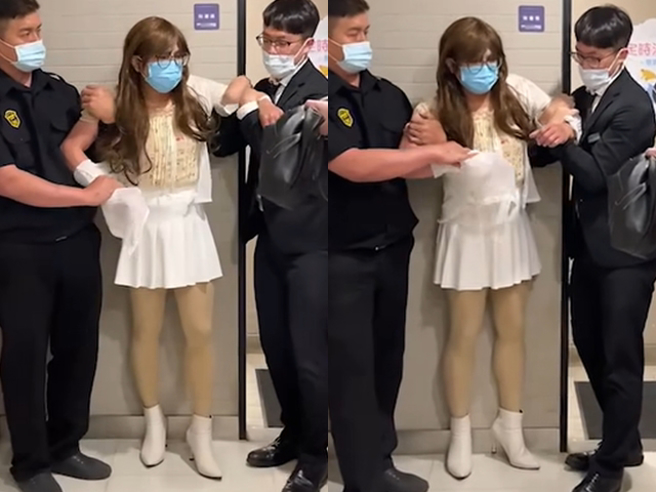 新竹大鲁阁湳雅广场3日被民眾发现一名长髮高挑女子鬼祟地出没在女厕，才发现是在偷拍女性如厕，警方到现场架住人，才发现竟是男扮女装。（翻摄自记者爆料网）