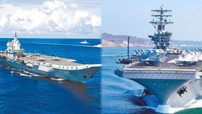 现在有不少数据显示，美军在军舰规模上已经开始落后中国大陆。左为中国航母山东号、右为美国航母尼米兹号（合成图／中国军网、美国海军）