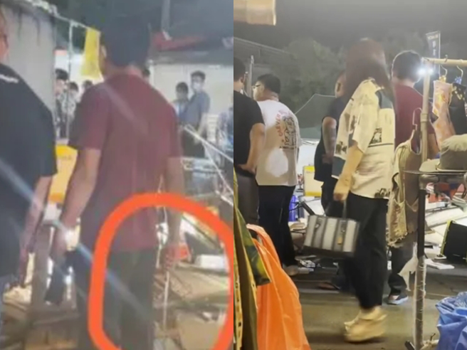 大东夜市一名炒麵摊老板疑似因摊位费用纠纷，找了7、8人到同夜市的3C用品摊位，拿出刀子威胁摊位老板，接着就乱砸翻乱摊子。（翻摄自记者爆料网）