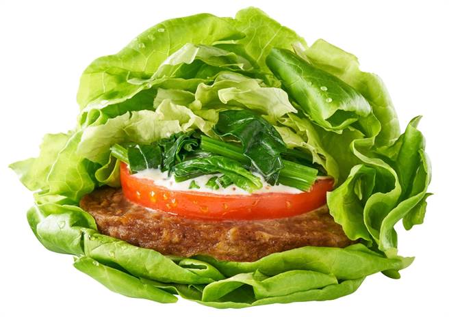 摩斯漢堡「摘鮮綠蔬菠摩力堡」包夾植物肉漢堡排，並用奶油萵苣取代麵包外皮，110元。（摩斯漢堡提供）