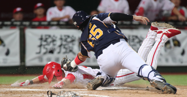 中信兄弟中外野手岳政华长传本垒，将代跑的石翔宇触杀在本垒前。（郑任南摄）