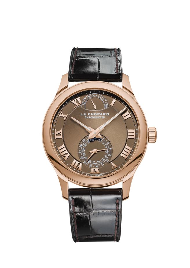 萧邦L.U.C Quattro玫瑰金腕表，採用Quattro四发条盒专利技术，97万6000元。（CHOPARD提供）