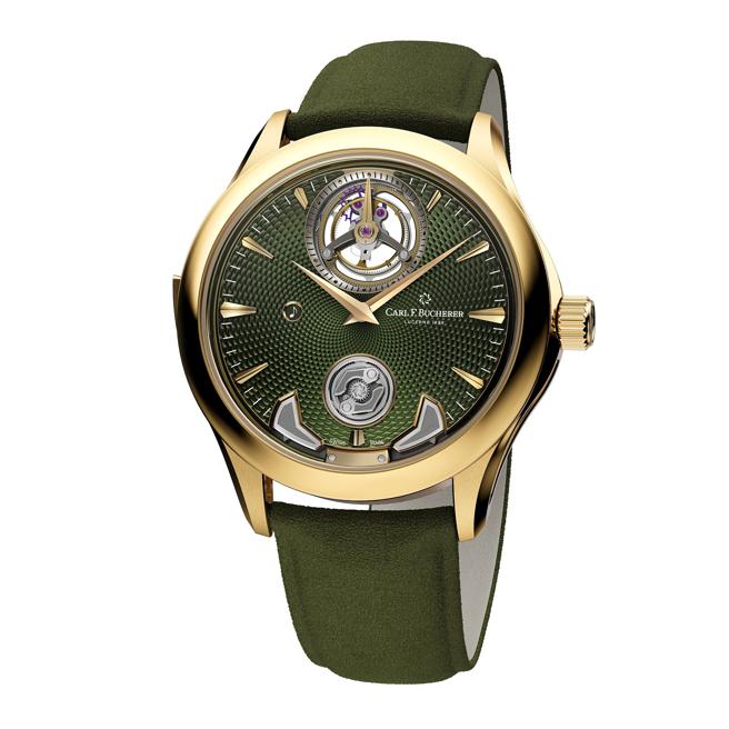 宝齐莱为庆祝135周年，推出三款马利龙135周年纪念三问表，图为苔绿色款。（Carl F. Bucherer提供）
