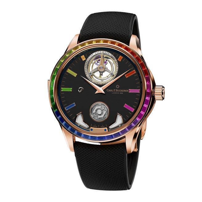 宝齐莱为庆祝135周年，推出三款马利龙135周年纪念三问表，图为彩虹圈款。（Carl F. Bucherer提供）