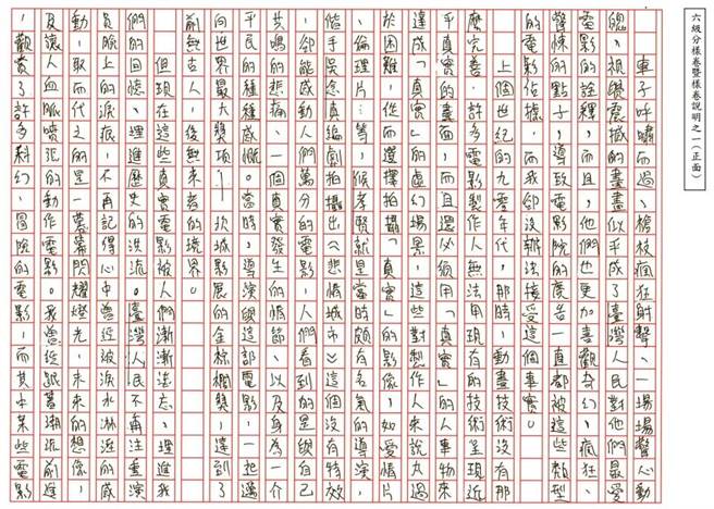 112国中教育会考写作测验共10篇获满分6级分的作文范本，已公告于国中教育会考官网，其中有考生书写看了电影《悲情城市》的心得，获得阅卷老师的青睐。(李侑珊翻摄)