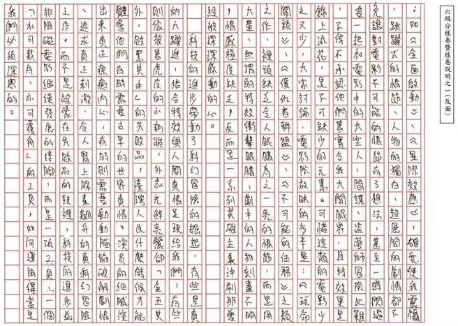 112国中教育会考写作测验共10篇获满分6级分的作文范本，已公告于国中教育会考官网，其中有考生书写看了电影《悲情城市》的心得，获得阅卷老师的青睐。(李侑珊翻摄)