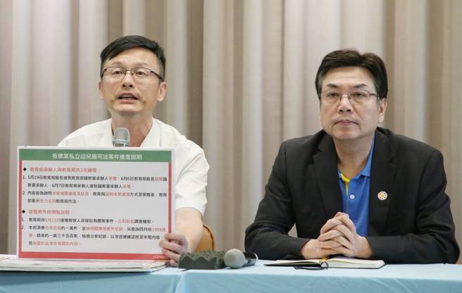 新北市政府10日由副市长刘和然（右）和新北市教育局长张明文（左）举行记者会，说明私立幼儿园司法案件进度和后续处理方法。（赵双杰摄）