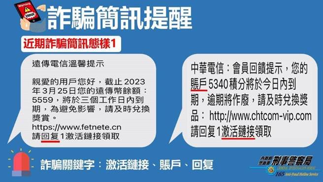 警方提醒近期出现的各种诈骗简讯。（翻摄照片／林郁平台北传真）