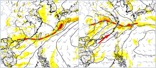 最新欧洲(ECMWF)模式，模拟850百帕风场及涡度图显示，周四(15日20时)「滞留锋」南移至台湾南端(左图)。下周日(18日8时)「滞留锋」北移至北部海面，台湾仍受「西南气流」影响(右图)。 (翻摄自「三立准气象.老大泄天机」/图撷自tropical tidbits)

