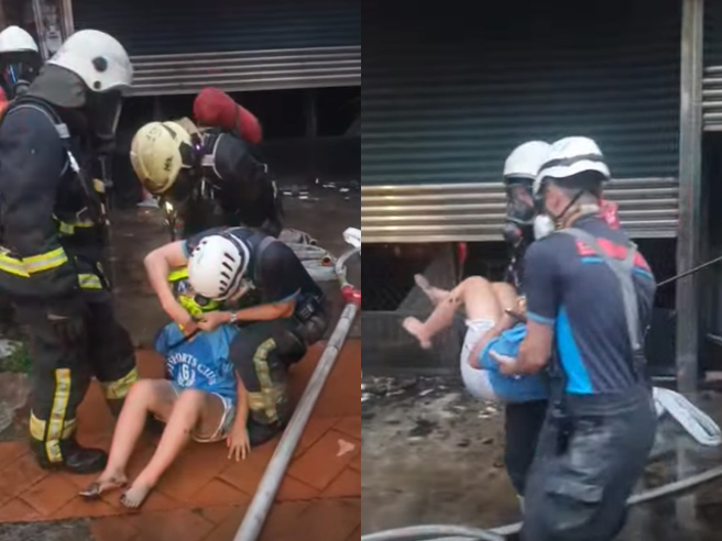 苗栗縣頭份市華夏路1棟透天厝，11日清晨4點多發生火警，由於起火位置位於1樓，加上鐵捲門無法開啟，導致女性屋主與2名兒女受困。（翻攝照片）