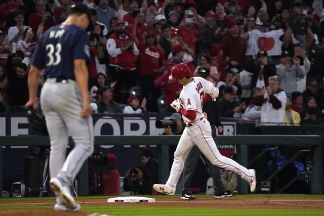 天使隊大谷翔平轟出全壘打。（美聯社）