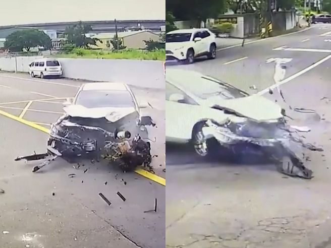 一辆白色轿车从巷口准备左转时，一辆黑色休旅车从左侧突高速驶来，白车瞬间被撞旋转多圈、车头粉碎，事发画面曝光。（翻摄画面）