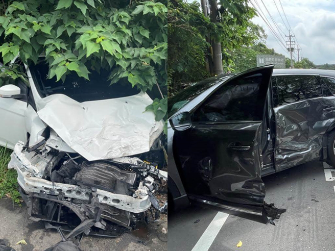 一辆白色轿车从巷口准备左转时，一辆黑色休旅车从左侧突高速驶来，白车瞬间被撞旋转多圈、车头粉碎，事发画面曝光。（翻摄画面）