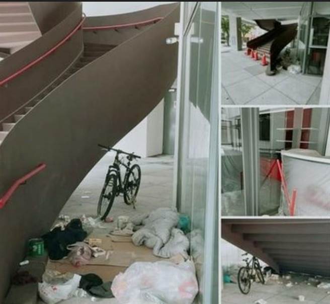 有网友拍到新竹棒球场正门楼梯底下有街友悄悄进驻。（翻摄自PTT／陈育贤新竹传真）