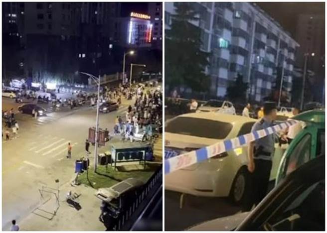 大陸江蘇省揚州高郵市一名男子涉駕駛汽車連續衝撞多人。網傳畫面顯示，事發後相關路段拉起警戒線。（翻攝自香港東網）