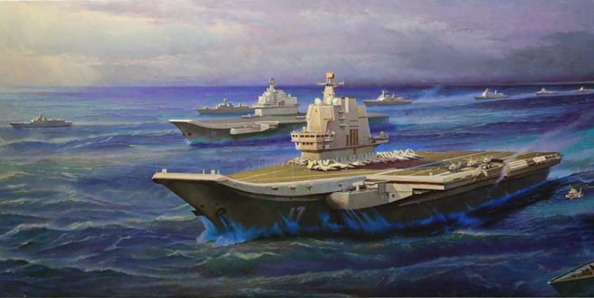从山东舰下水之后，中共军方与媒体早就不断想像实施双航母编队演练的盛况。图为中国共产党歷史展览馆展示的双航母战斗群油画作品。（图／中国军网路