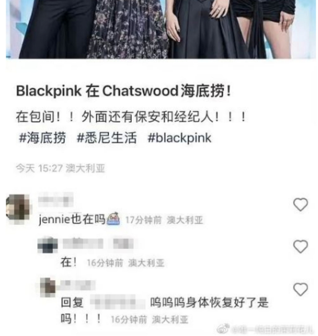 Jennie演唱会中离后道歉没用，被网友挖出她演唱会后还吃锅，让不少买票进场的粉丝气炸。（图／摘自微博）