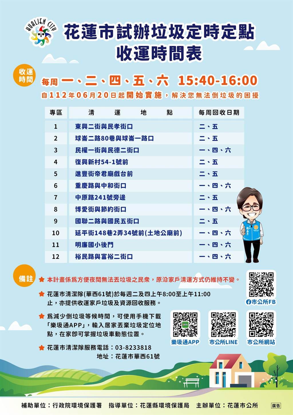花蓮市20日起在市區新增12處專區，試辦定時定點垃圾清運服務，每周5天固定停留20分鐘收集家戶垃圾，盼能方便晚上無法丟垃圾的民眾。(摘自花蓮市公所臉書粉絲專頁)