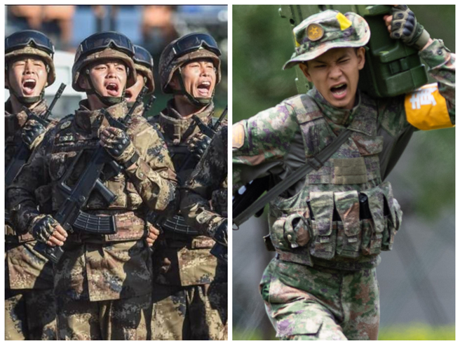 图为穿着07式作训服（左）与21式作训服（右）的共军士兵。（合成图，素材取自新华社）