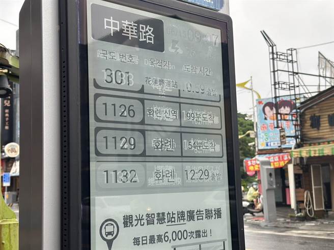 时代力量花莲党部今到公车中华路站视察智慧站牌，指出站牌萤幕电子纸严重烙印，导致整体资讯相当混乱。（罗亦晽摄）