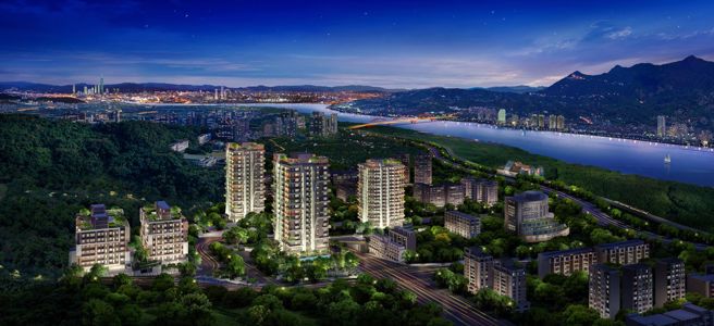 指标案「森原树」外观特别找来知名建筑大师李天铎将大树造屋理念融入建筑语汇，每坪单价仅约4字头就能眺望观音山、淡水河、大屯山系，享淡水最美景色。（图/甲山林 提供）

