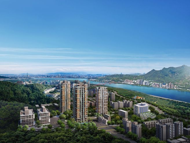 指标案「森原树」外观特别找来知名建筑大师李天铎将大树造屋理念融入建筑语汇，每坪单价仅约4字头就能眺望观音山、淡水河、大屯山系，享淡水最美景色。（图/甲山林 提供）