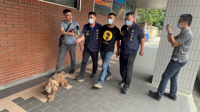 警方将涉嫌在新北市府泼漆的林男带回侦讯。（王扬杰摄）