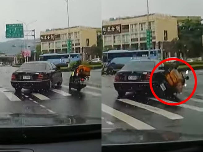 北市南港区向阳路日前发生一辆车在「直行道」右转，当场撞上在「右转道」直行的外送机车，骑士被撞倒地后鞋子喷飞，轿车还疑似肇逃。（翻摄自YouTube频道「WoWtchout - 地图型行车影像分享平台」）