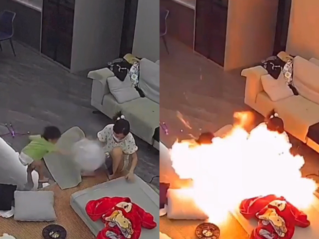 大陆一名母亲日前在客厅使用吹风机时，年幼孩子在旁边玩氢气球，没想到来子突然拿气球砸母亲，气球破开后瞬间引发火势、炸出火光。（翻摄自记者爆料网）