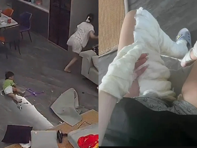 监视器画面曝光，网友发现事发当下，母亲竟直接起身衝入房间，留孩子跌坐在地；该母亲事澄清当时父亲已衝进客厅救孩子。（翻摄自记者爆料网）