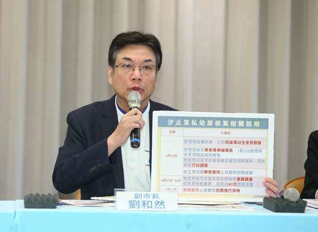 新北市幼儿园喂药案延烧，17日的进度说明记者会上，针对中央改口免费採检仅限新北，副市长刘和然表示「中央不做，新北做」，自即日起除了新北学童，外县市6岁以下孩童，家长如有疑虑想筛检，皆可携幼童至新北8家医院免费筛检。（粘耿豪摄）