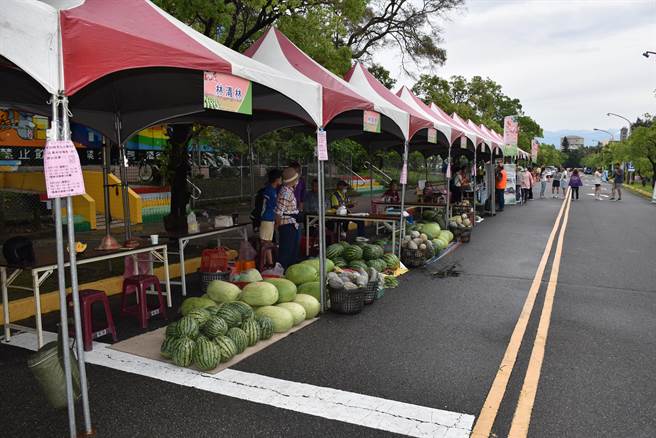 竹南镇崎顶西瓜文化节17日在竹南啤酒厂登场，有多个瓜农到场展售西瓜。（谢明俊摄）